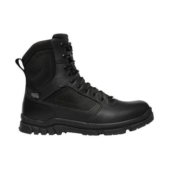 Black lace-up work boot with side zipper, padded collar, and rugged tread sole