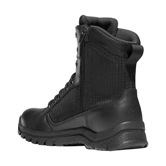 Black lace-up work boot with side zipper and thick lug sole