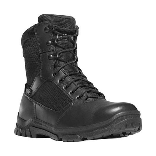 Black lace-up work boot with side zipper and lug sole