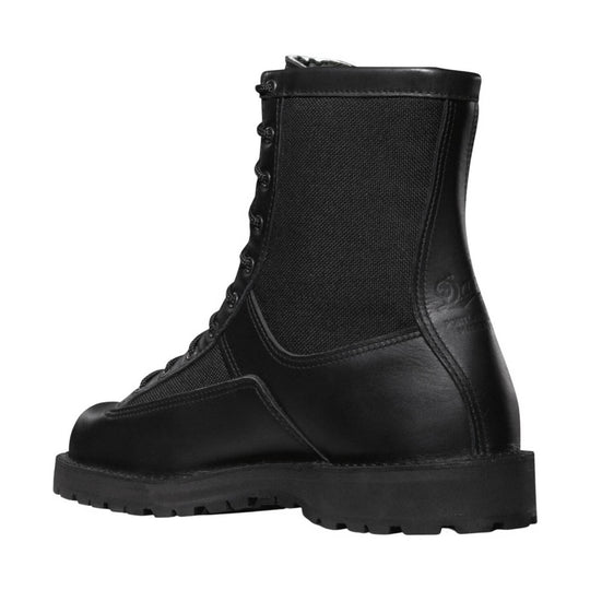 Black lace-up work boot with a padded collar, mesh side panels, and a lug sole