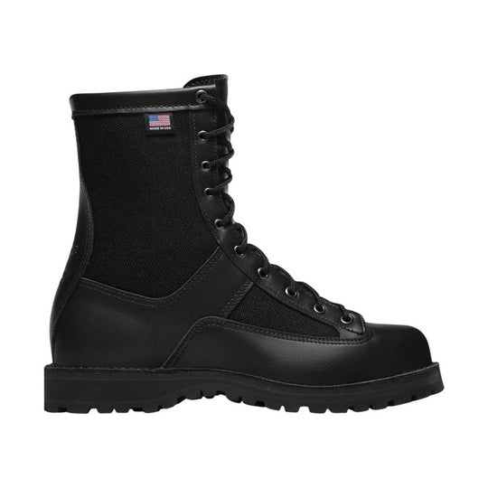 Black lace-up work boot with canvas side panels and a lug sole