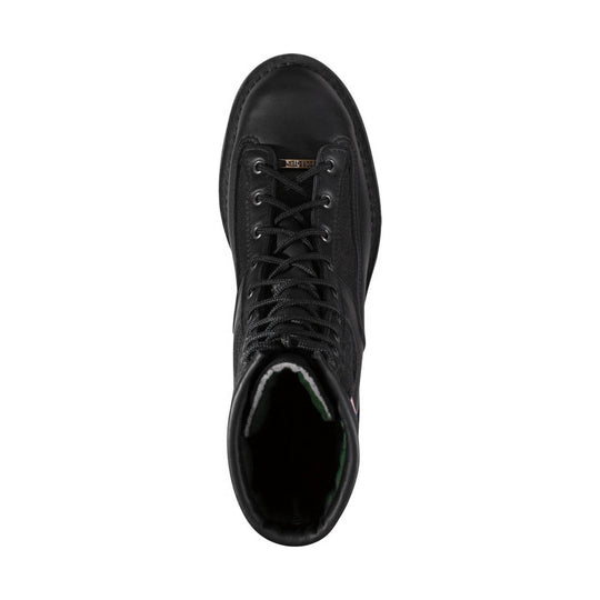 Black lace-up work boot shown from above with a padded collar and rugged tread.