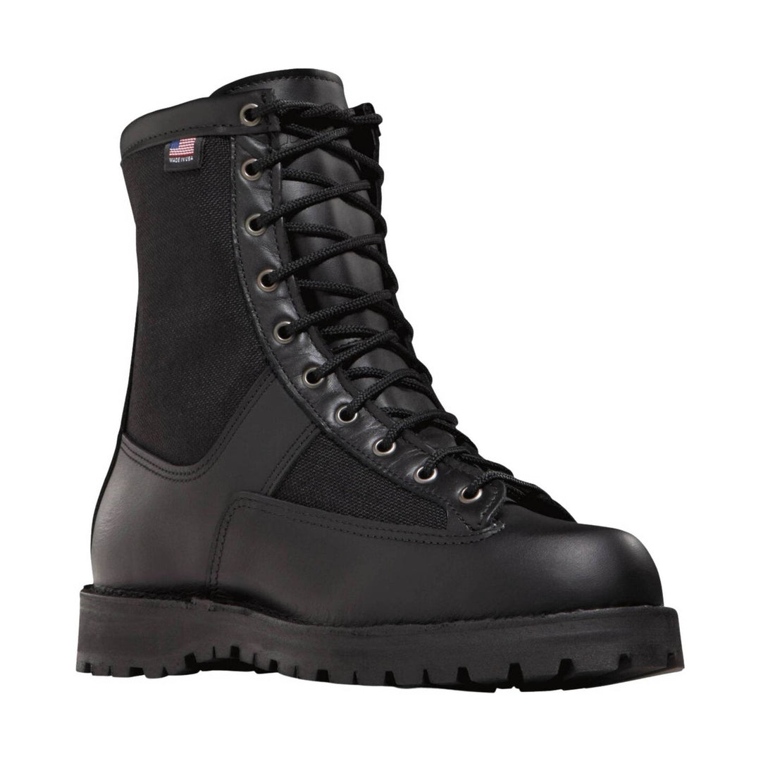 Black leather lace-up work boot with a thick lug sole