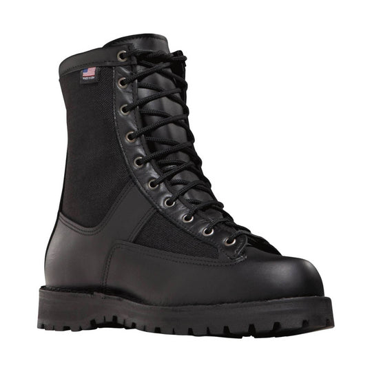 Black leather lace-up work boot with a thick lug sole
