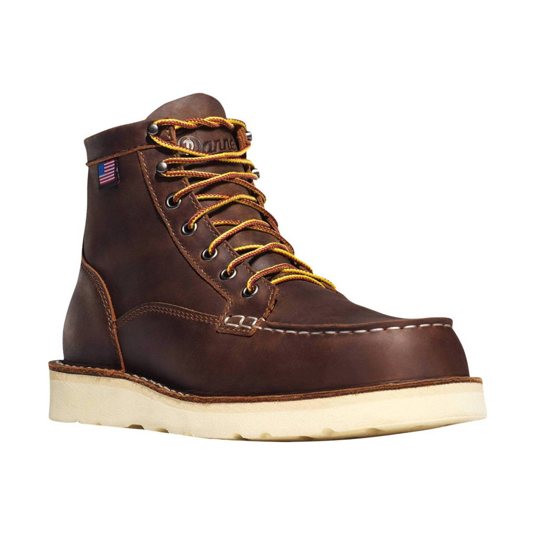 Brown leather lace-up work boot with a white wedge sole and yellow-red laces