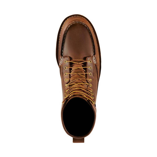 Brown leather lace-up work boot seen from above with gold eyelets and moc toe stitching