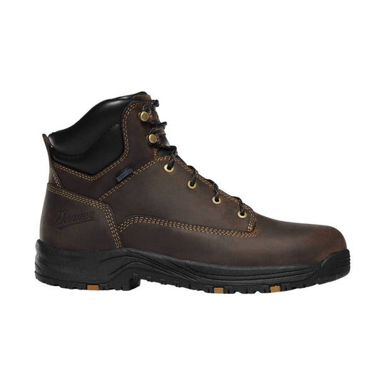 Brown leather lace-up work boot with black padded collar and thick lug sole
