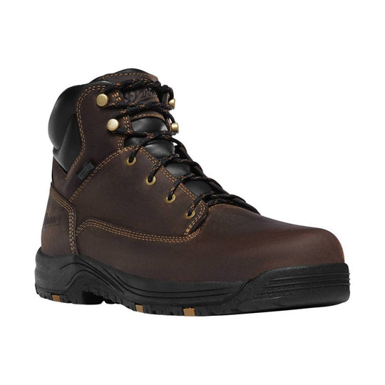 Brown leather lace-up work boot with black padded collar, brass eyelets, and thick black tread sole