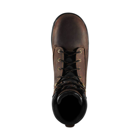 Brown leather lace-up work boot with black collar and metal eyelets, top-down view