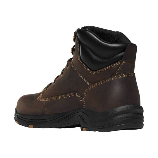 Brown lace-up work boot with black padded collar and thick black treaded sole