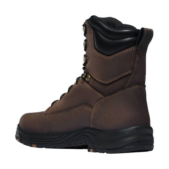 Brown leather lace-up work boot with black padded collar and thick black sole, side view