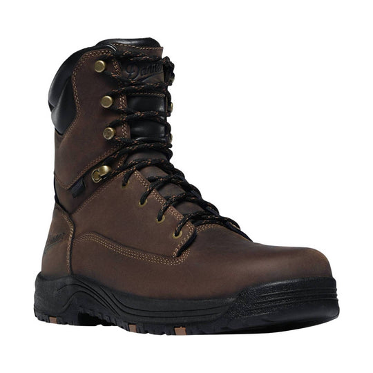 Brown leather lace-up work boot with black rubber sole and metal eyelets