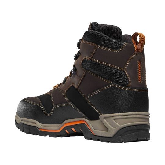 Brown and black insulated work boot with orange pull loop and rugged treaded sole