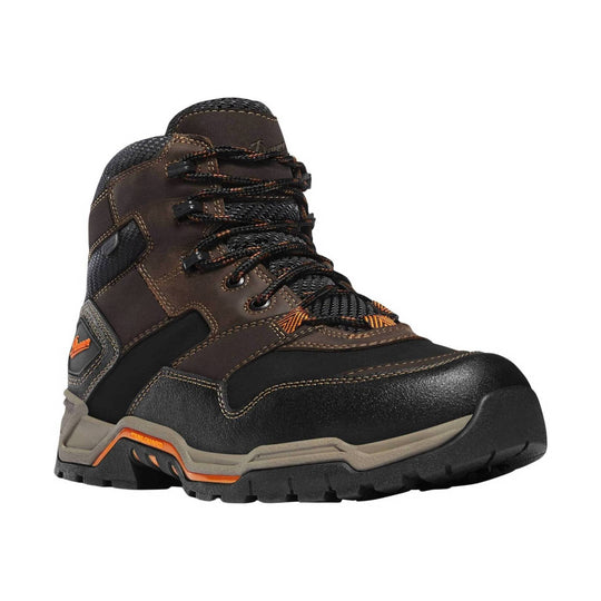 Brown and black lace-up work boot with rugged sole and orange accents