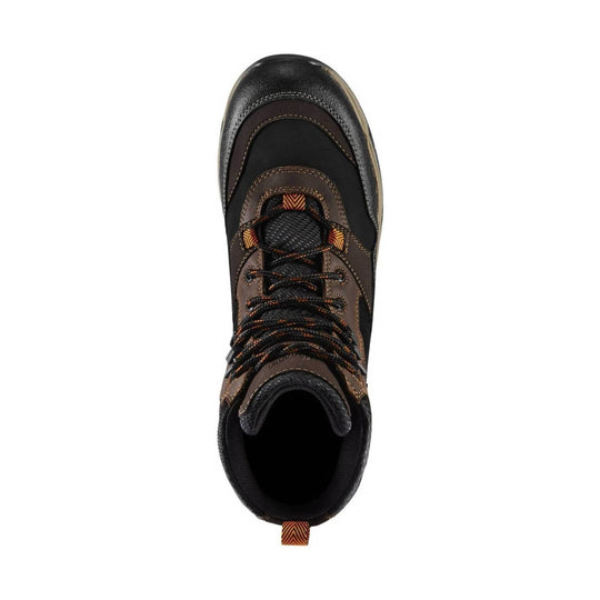 Top view of a brown and black lace-up work boot