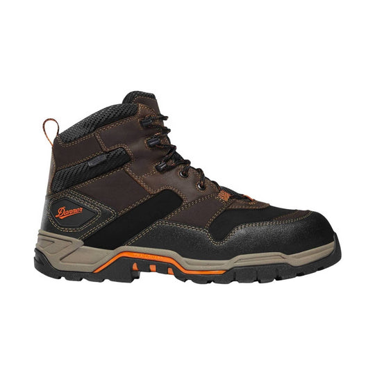 Brown and black lace-up work boot with orange accents and rugged tread