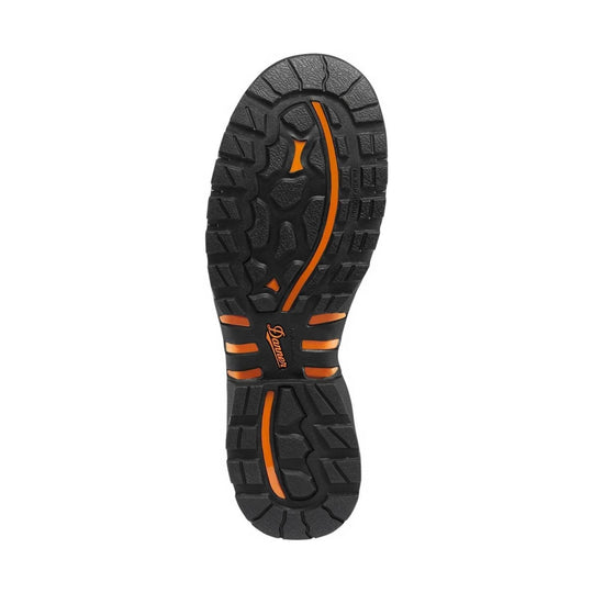 Black boot outsole with orange traction grooves and Danner logo