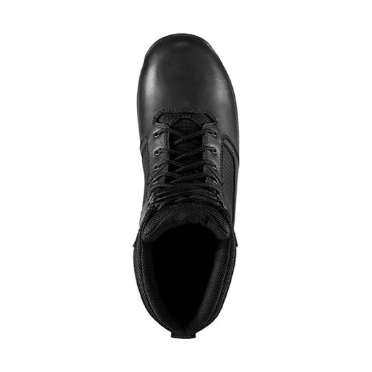 Black lace-up work boot with a rounded toe, padded collar, and tall ankle shaft, top view