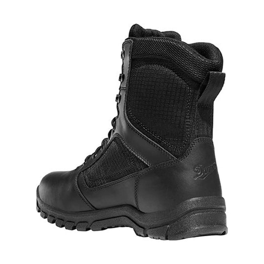 Black lace-up work boot with padded collar, mesh panels, and thick lug sole