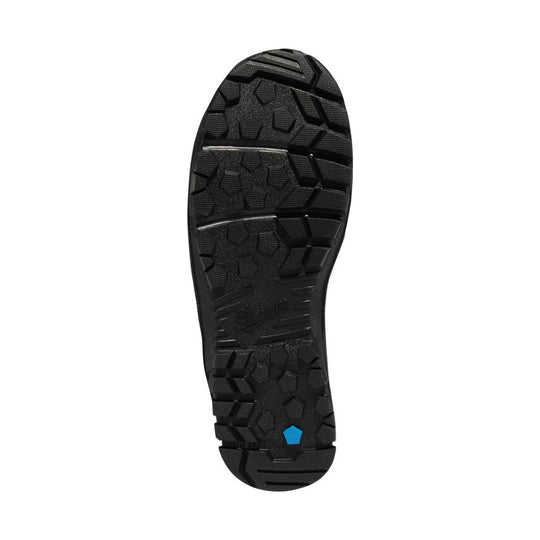 Black rugged boot outsole with deep tread and blue traction insert