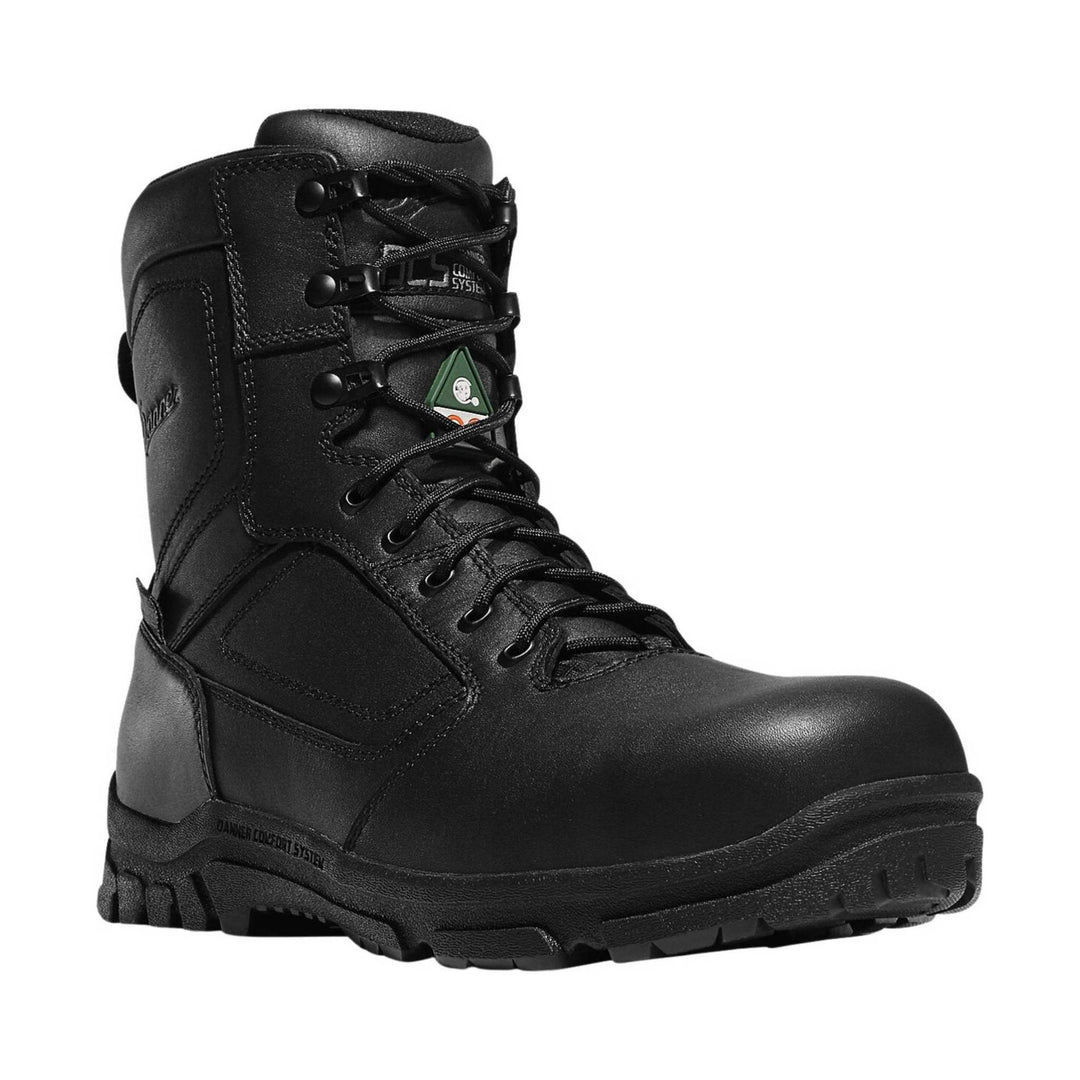 Black lace-up work boot with a thick lug sole and padded collar, shown in side view