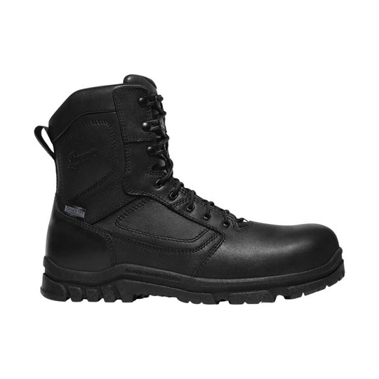 Black lace-up work boot with side pull loop and lugged outsole