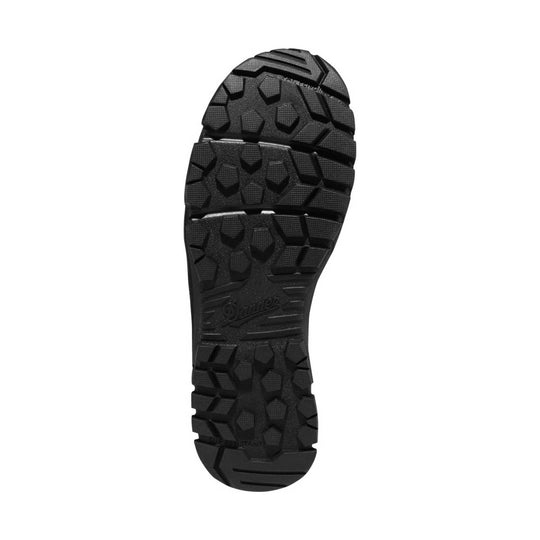 Black lugged boot outsole with Danner logo and textured tread pattern