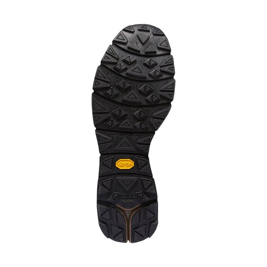 Black rugged boot outsole with deep triangle tread and a yellow Vibram logo