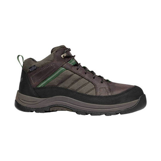 Brown and black hiking-style work shoe with green accents, lace-up front, and rugged tread