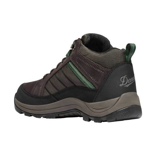 Brown and green mid-cut boot with black toe cap, lug sole, and side logo