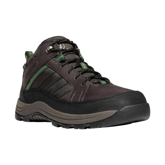 Brown and green hiking boot with a black toe cap, mesh side panels, and black laces