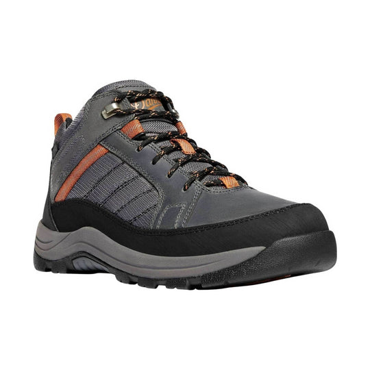 Gray and black hiking shoe with orange accents, mesh panels, and a rugged toe cap