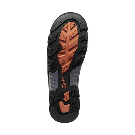 Black work shoe outsole with copper tread inserts and Danner branding