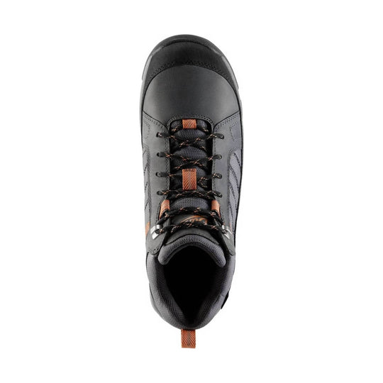 Gray and black mid-cut work boot with orange accents, black toe cap, and round laces, top view