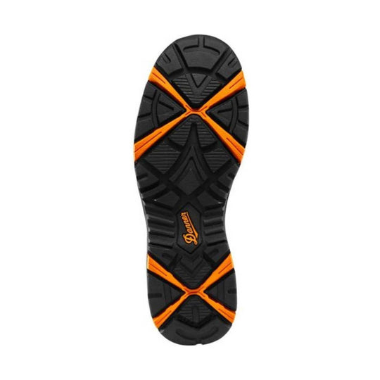 Black and orange boot outsole with deep tread pattern and Danner logo