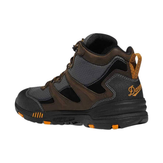 Brown and black high-top work boot with orange accents and lug sole