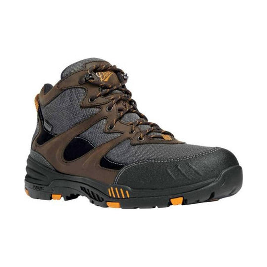 Brown and gray lace-up hiking boot with black rubber toe cap and orange sole accents