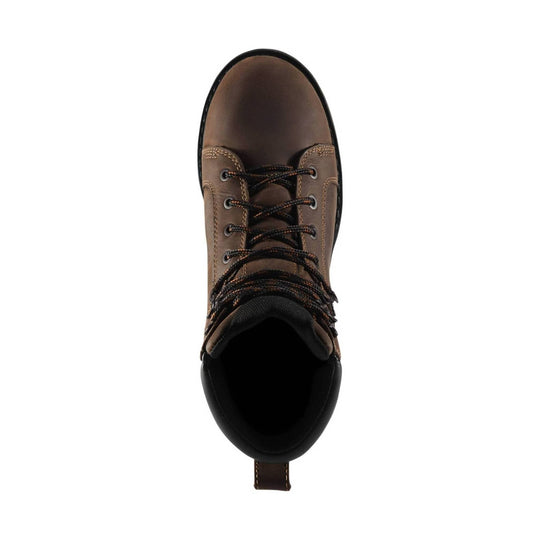 Brown lace-up work boot with black toe and collar, shown from above