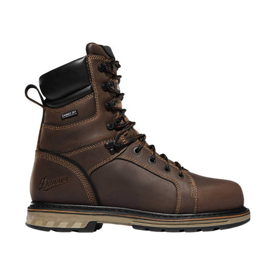 Brown lace-up work boot with black padded collar and lug sole