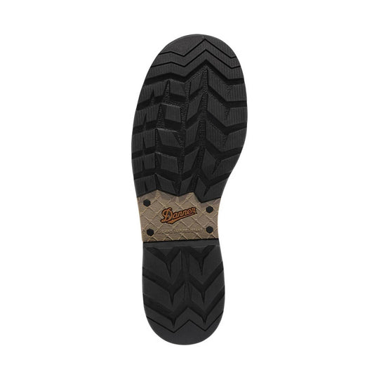 Black boot sole with rugged tread and tan midfoot panel