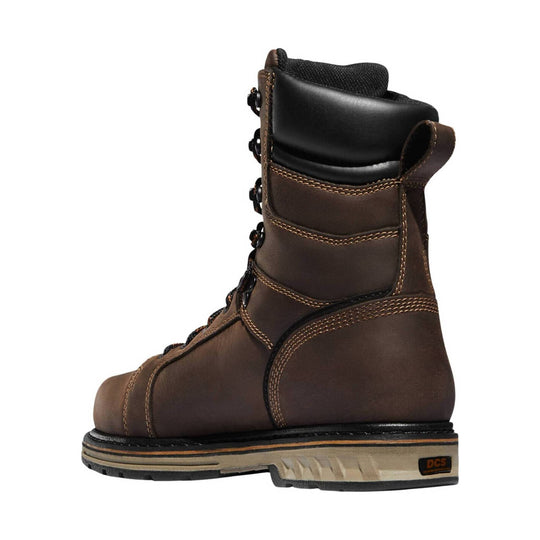 Brown lace-up work boot with black padded collar, reinforced stitching, and thick rubber sole