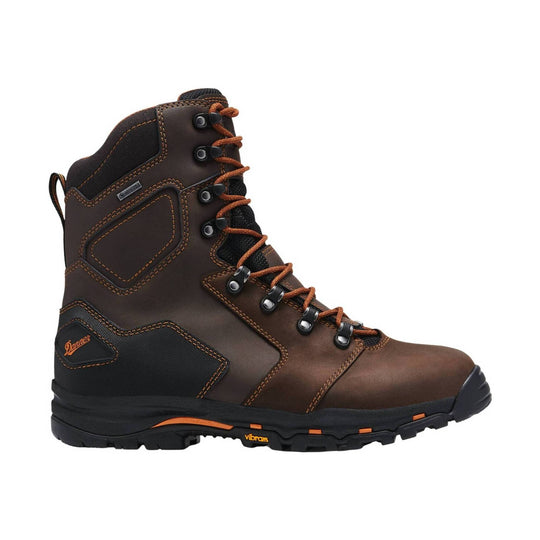 Brown leather lace-up hiking work boot with black accents and orange stitching, side view