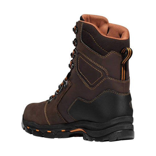 Brown and black lace-up work boot with padded collar and rugged tread, side view