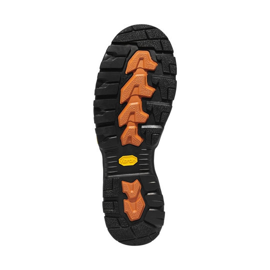 Black rugged boot outsole with orange traction lugs and a yellow logo near the arch, shown from below