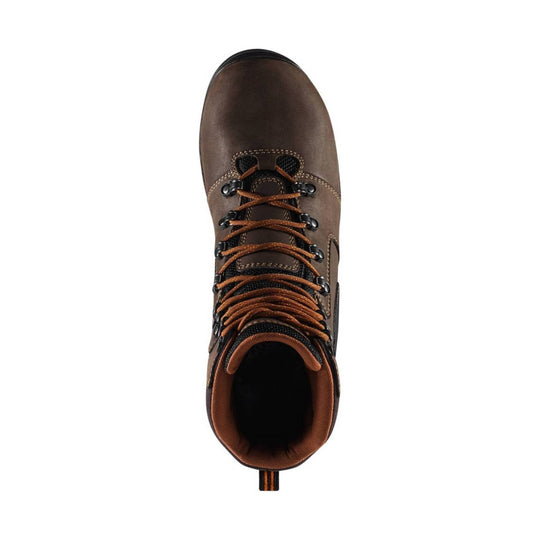 Brown leather work boot with brown laces and black metal eyelets, shown from above