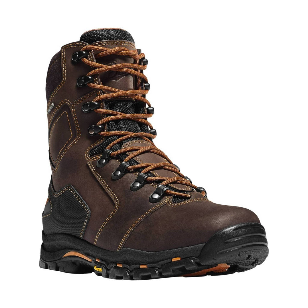 Brown lace-up leather work boot with black toe cap and rugged sole