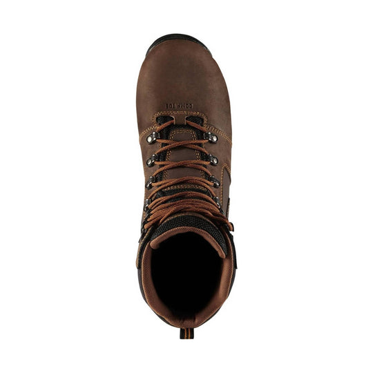 Brown leather lace-up work boot viewed from above, with padded collar and a visible pull tab.