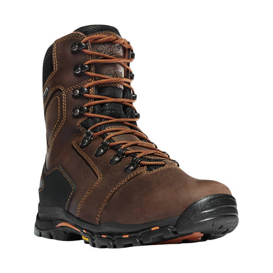 Brown insulated lace-up work boot with black rubber sole and metal eyelets