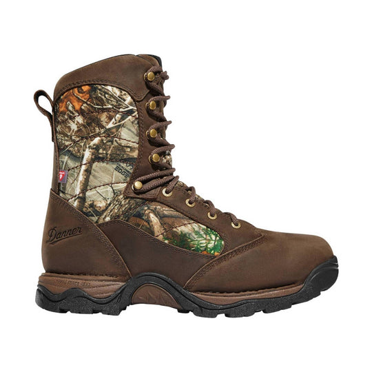 Brown lace-up hunting boot with Realtree camouflage side panels and a rugged black sole
