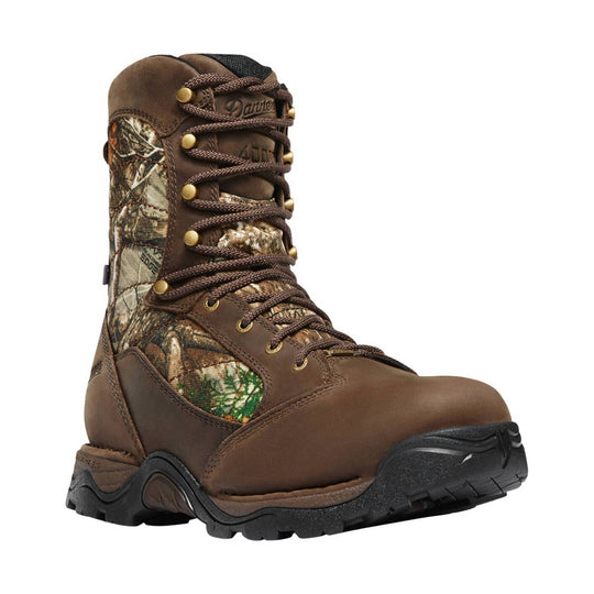 Brown insulated lace-up hiking boot with camouflage side panels and black tread sole